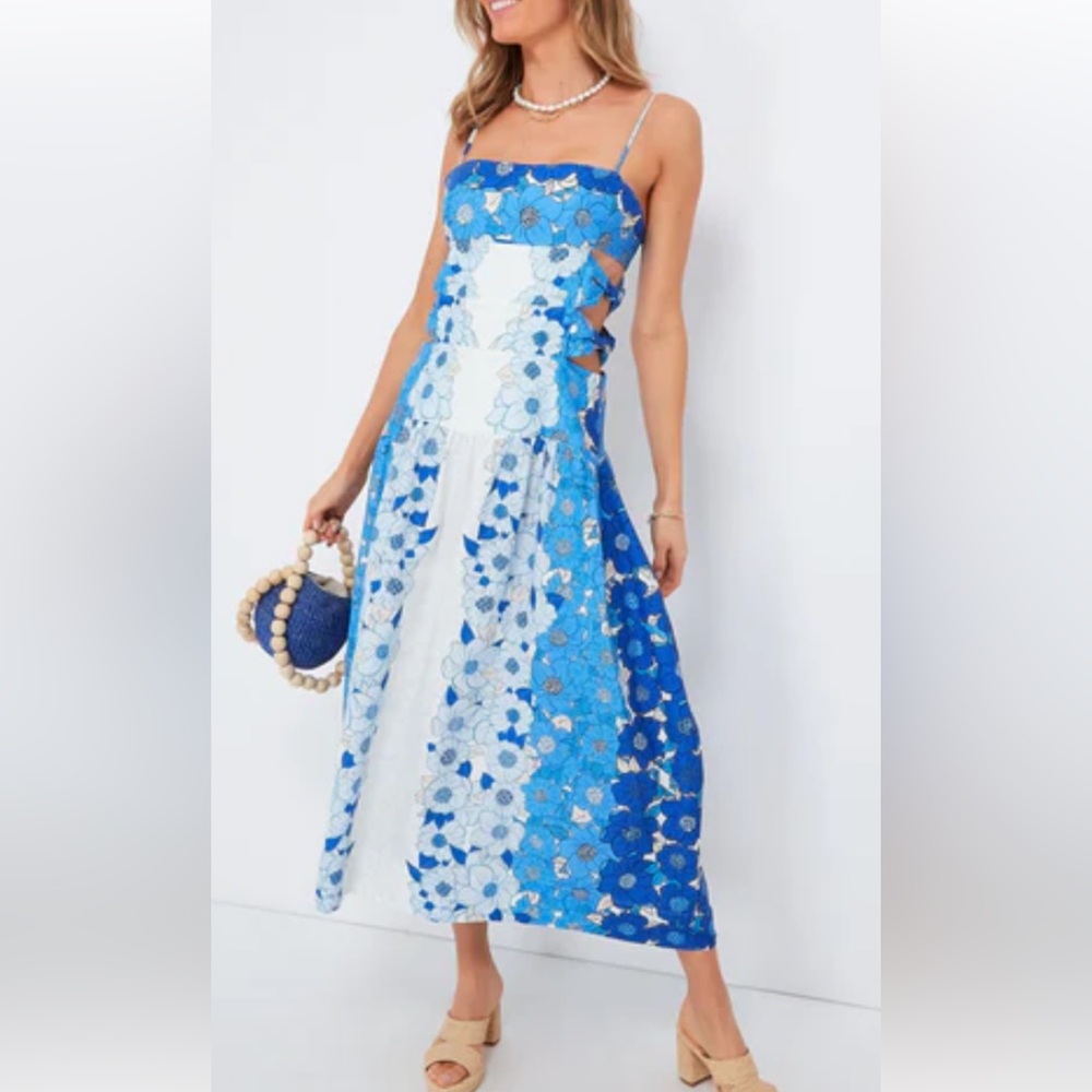 FARM Rio Flower Stripes Midi Dress Blue and White